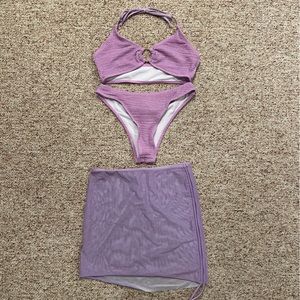 Purple bikini with sheer cover up skirt